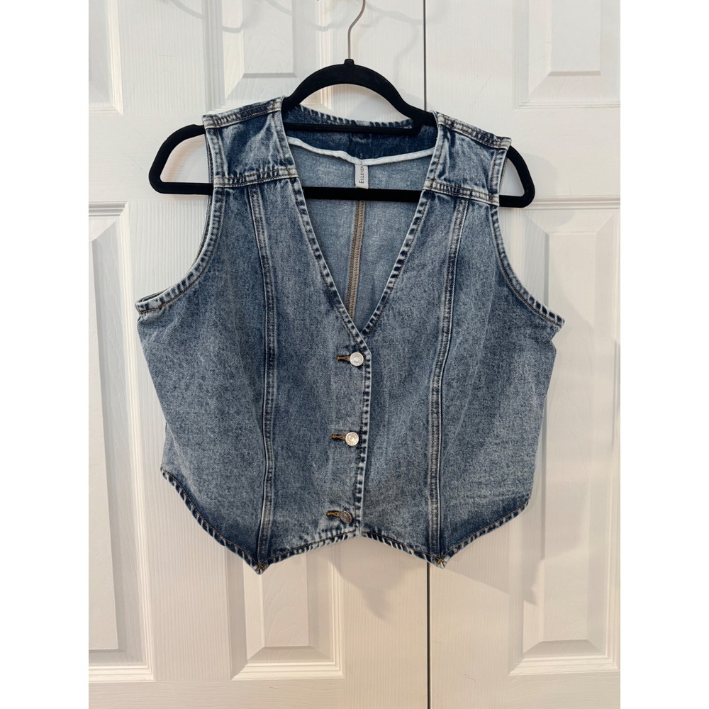 Elleven Women Western Blue Acid Wash Denim Vest Cropped Waistcoat Size Large.
